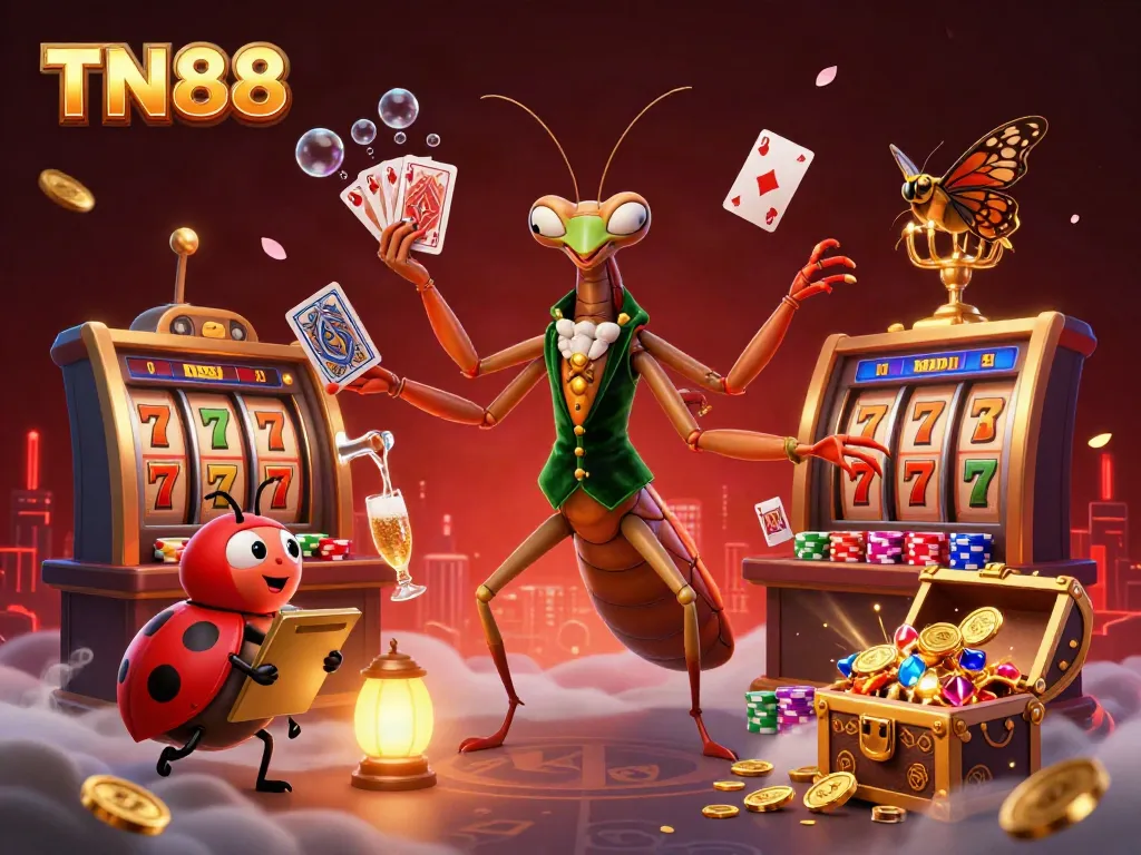 Experience excitement with TN88's vibrant casino atmosphere, featuring slots, action, and colorful characters.