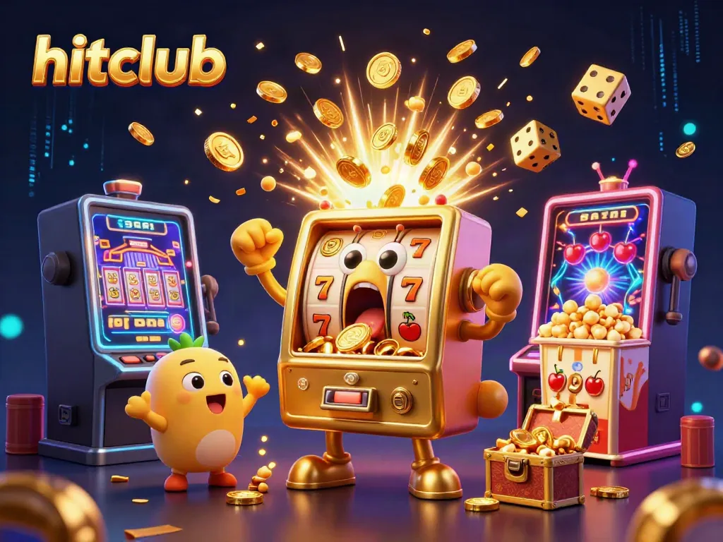 hitclub slot machine celebrates jackpot win with dynamic coins, baby machines cheering, colorful casino elements