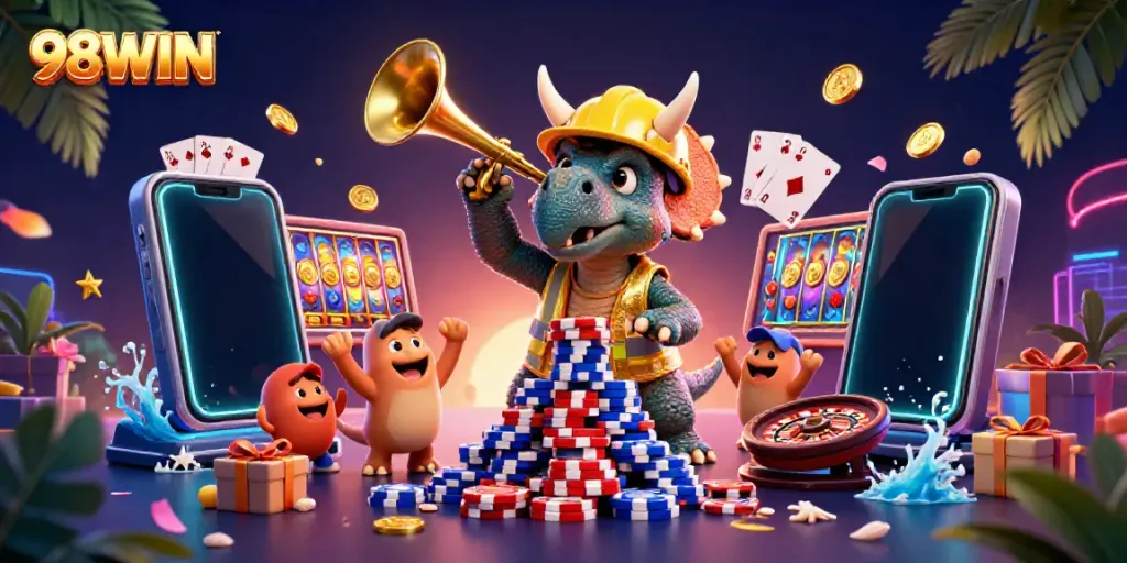 Celebrate 98WIN with colorful poker chips, a triceratops, and vibrant casino game elements!