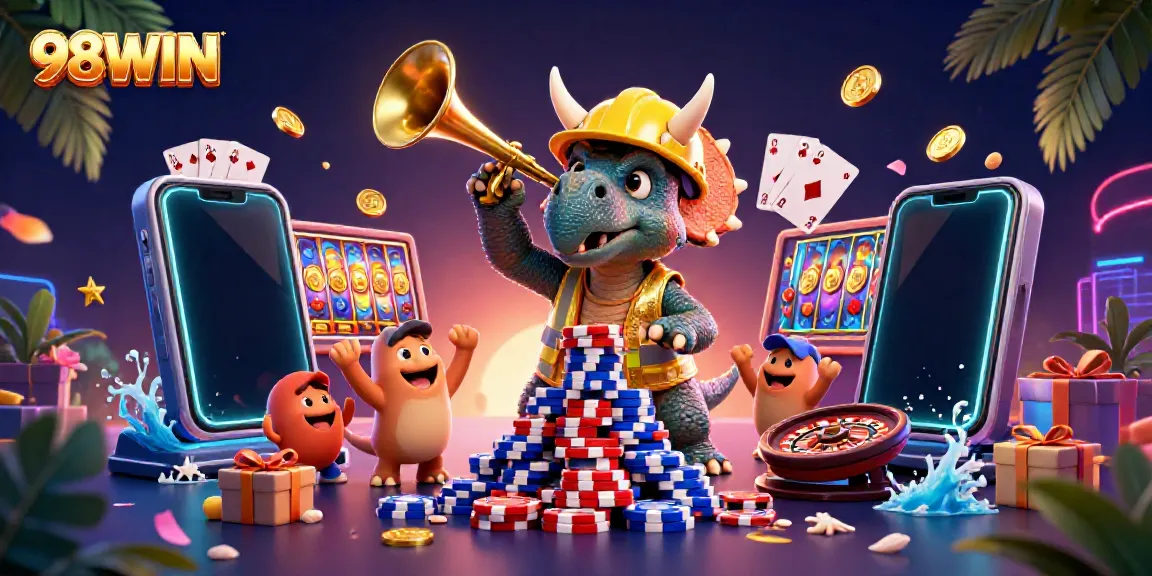 Celebrate 98WIN with colorful poker chips, a triceratops, and vibrant casino game elements!