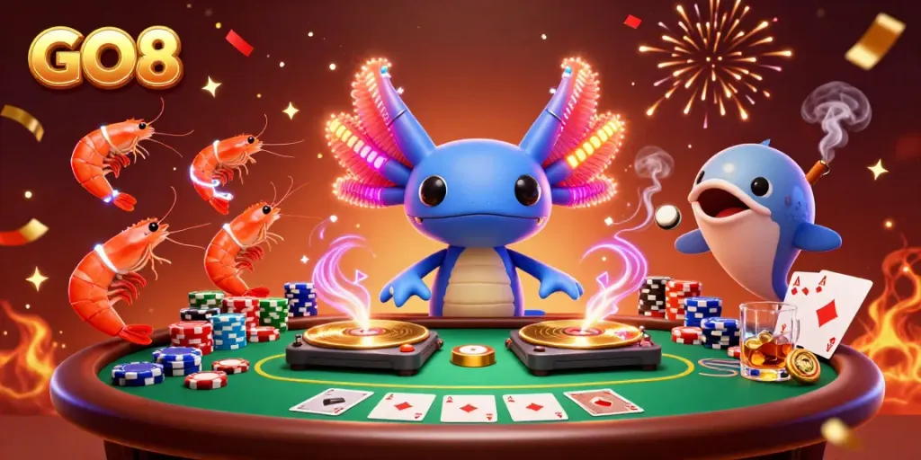 Experience the vibrant GO8 casino scene with a neon axolotl DJ and poker excitement.