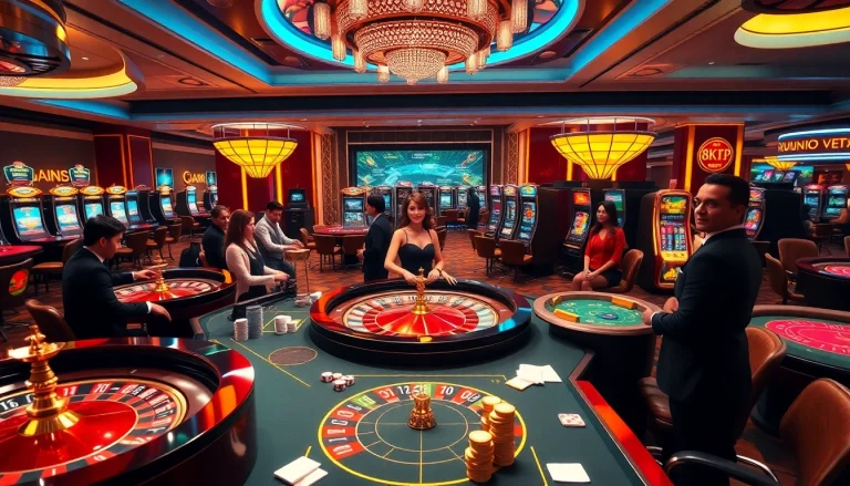 Action-packed casino scene at https://8kbet.ngo/ featuring roulette wheels and players enjoying a vibrant experience.