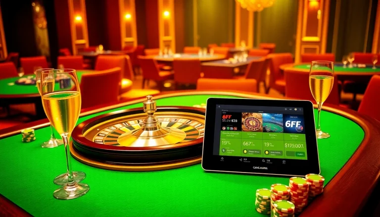 A vibrant casino scene showcasing the excitement of 6FF with luxurious tables and roulette wheel.