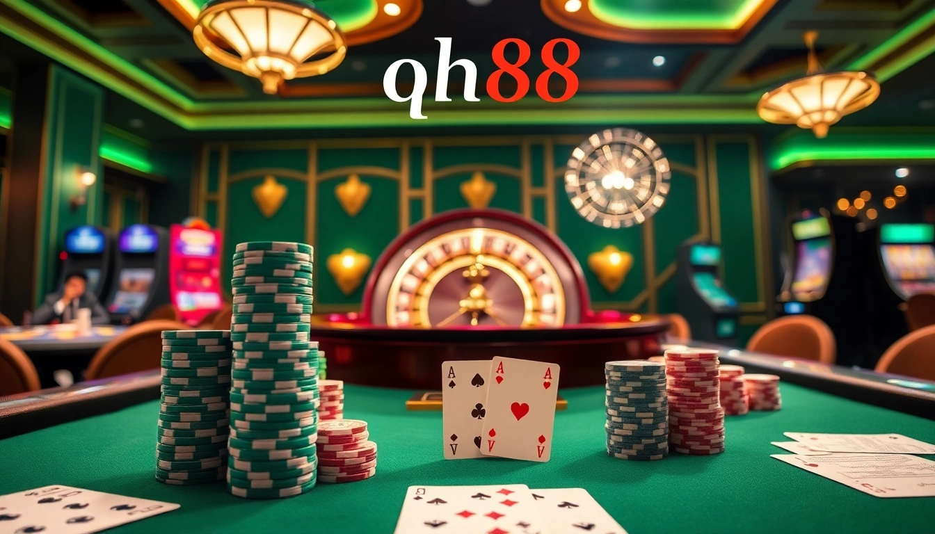 Players engaging with qh88 casino tables, showcasing excitement and luxury in gambling.