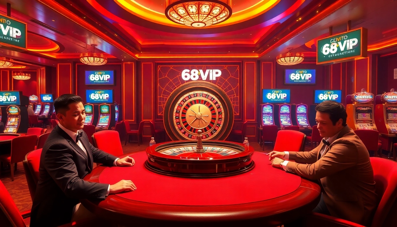 Excited players engaging at a glamorous casino scene featuring the 68VIP logo, poker chips, and roulette wheels.