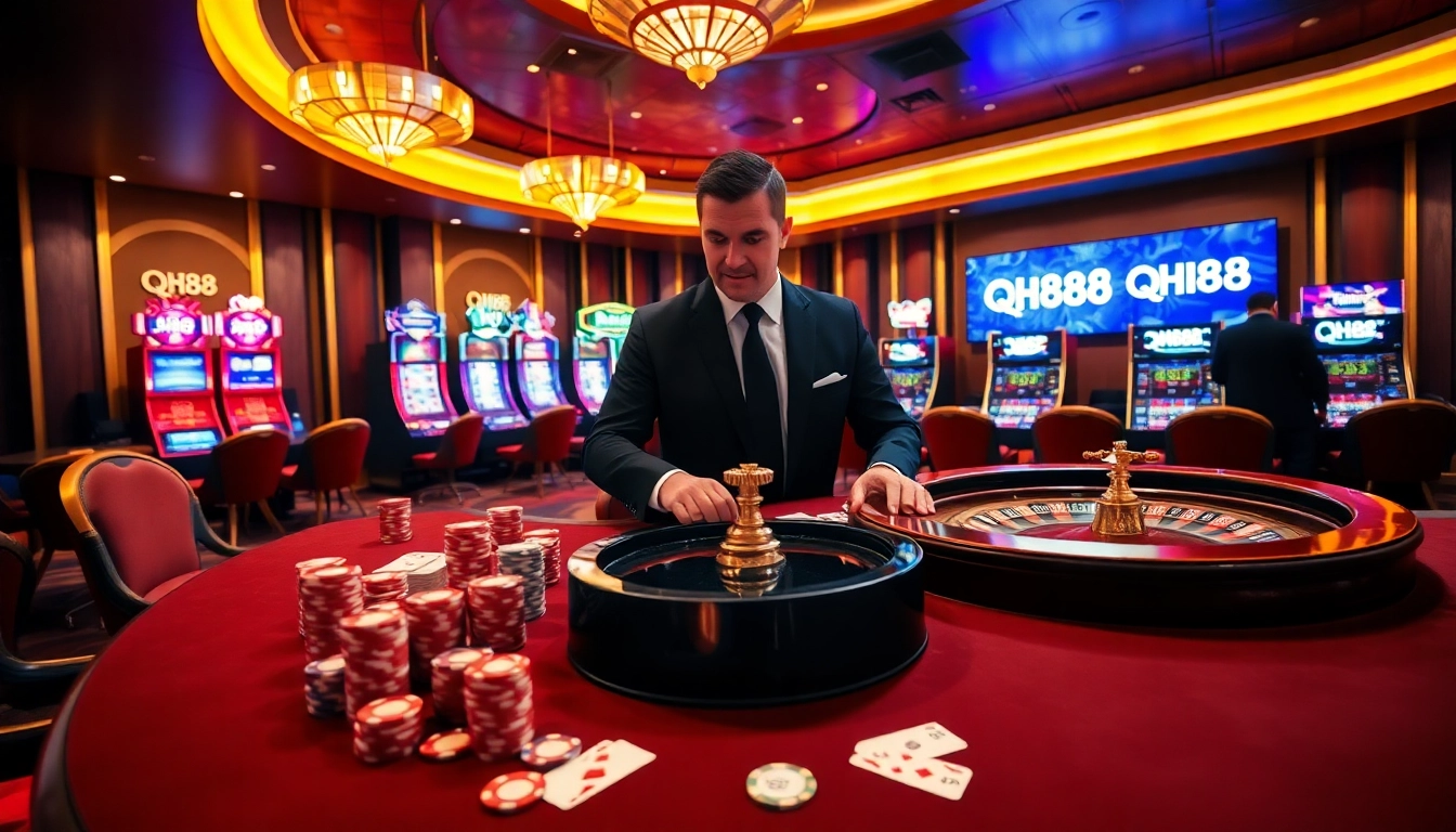 Experience the excitement of QH88 casino with professional dealers and vibrant gambling elements.
