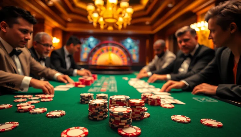 Engage in high-stakes poker at Thabet College, surrounded by vibrant casino elements and players.