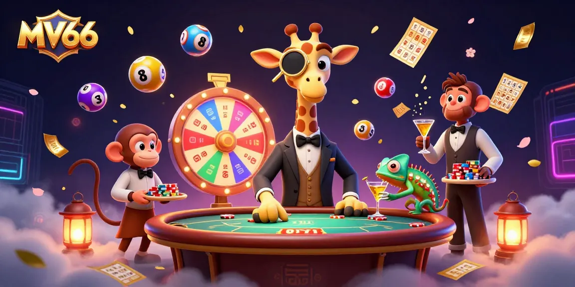 Engage in excitement at MV66 casino, featuring a high-roller giraffe and dynamic game elements.