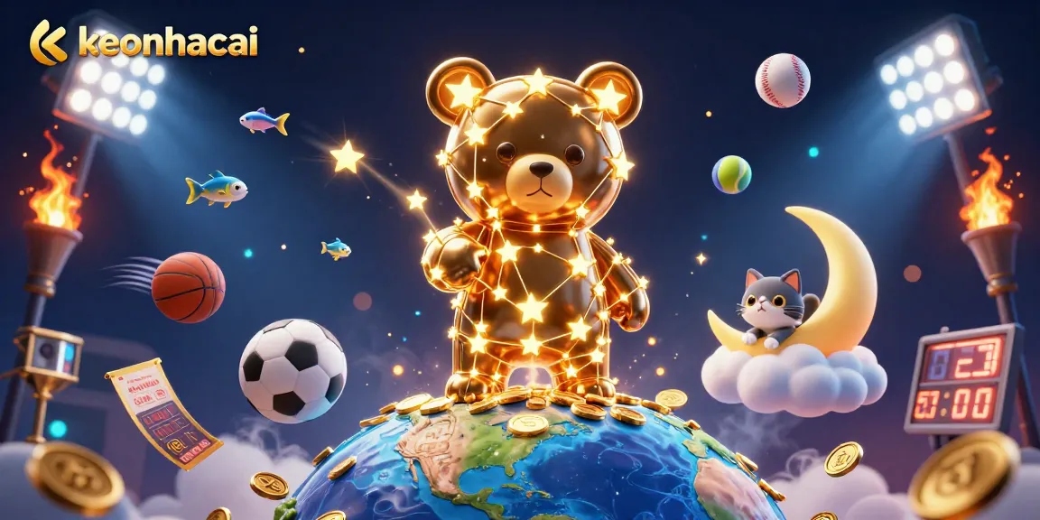 Engage in thrilling sports betting with keonhacai, showcasing dynamic sports balls and a winning atmosphere.