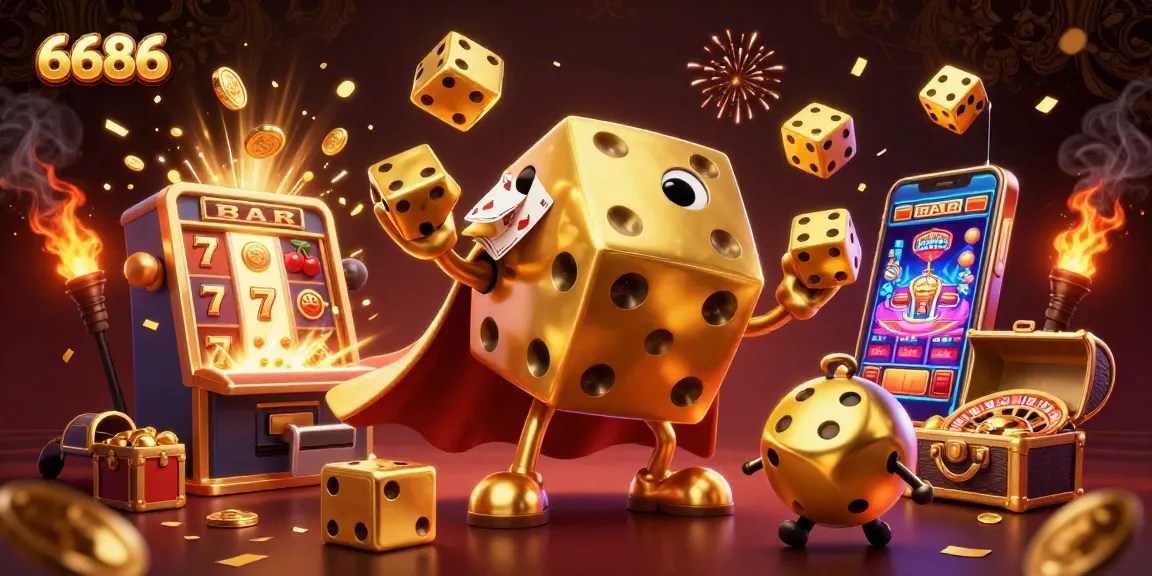 Experience thrilling wins with 6686, as a golden dice golem juggles prizes in a vibrant casino.