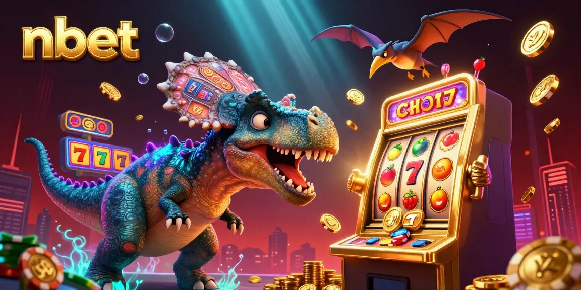 Experience the thrill of nbet as cartoon dinosaurs animate a vibrant casino scene bursting with jackpot excitement.