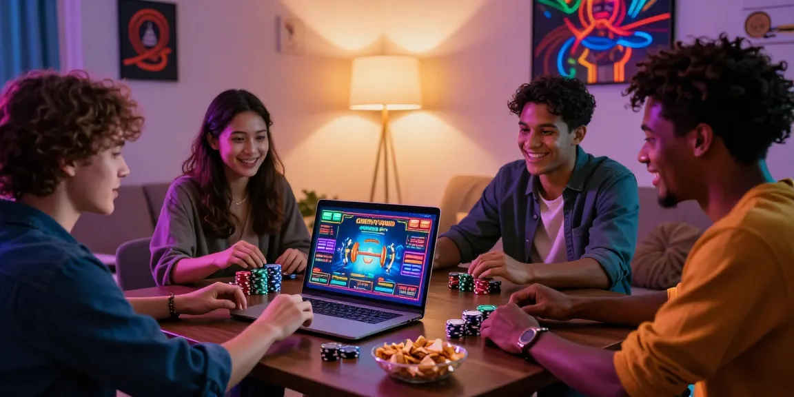 Engaging friends enjoying exciting games at credit card casinos at https://troyuk.co.uk in a cozy, illuminated living room.