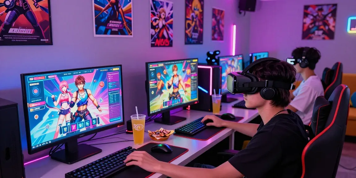 Friends enjoying an ecchi simulator in a lively gaming lounge surrounded by colorful game displays and cozy seating.