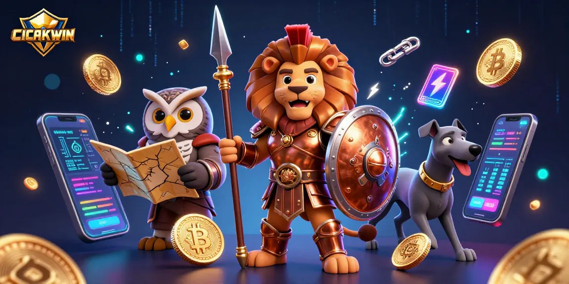 Join the excitement of CICAKWIN as the Spartan lion leads heroic gameplay surrounded by crypto coins and vibrant casino elements.