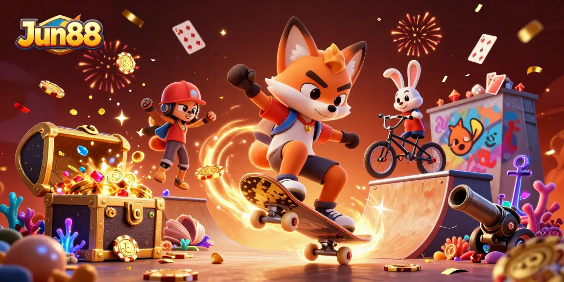Experience thrilling wins with Jun88 in a vibrant 3D casino scene filled with excitement.