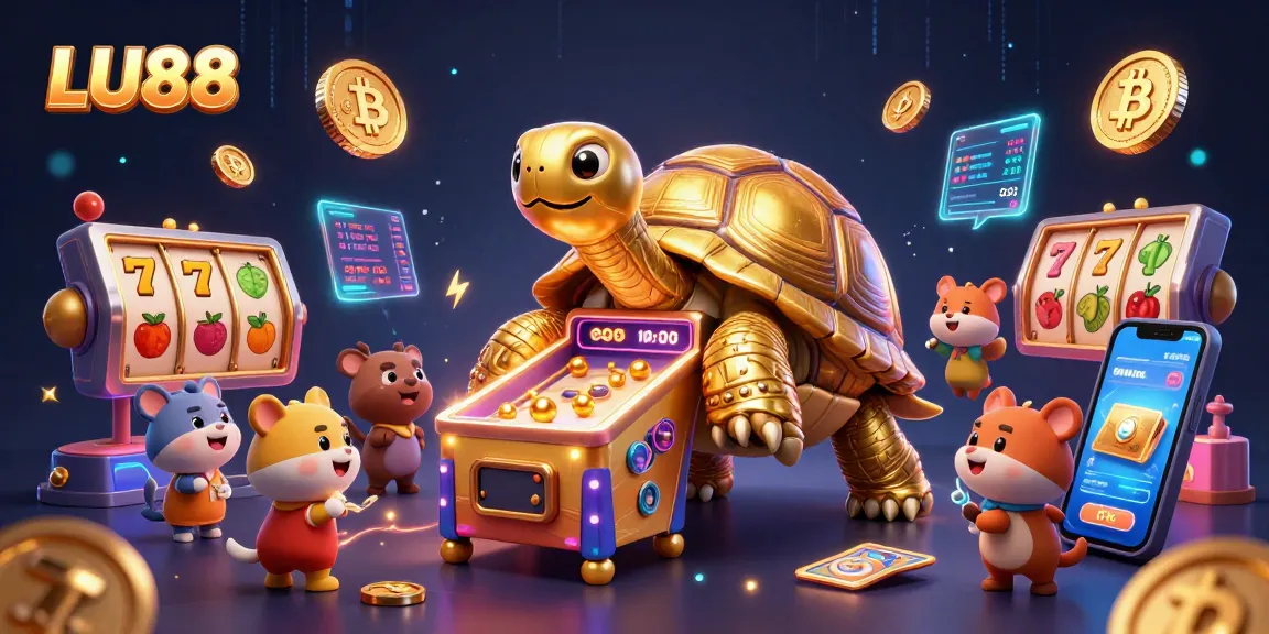 LU88 slots gaming scene with a golden tortoise pinball machine and vibrant casino elements
