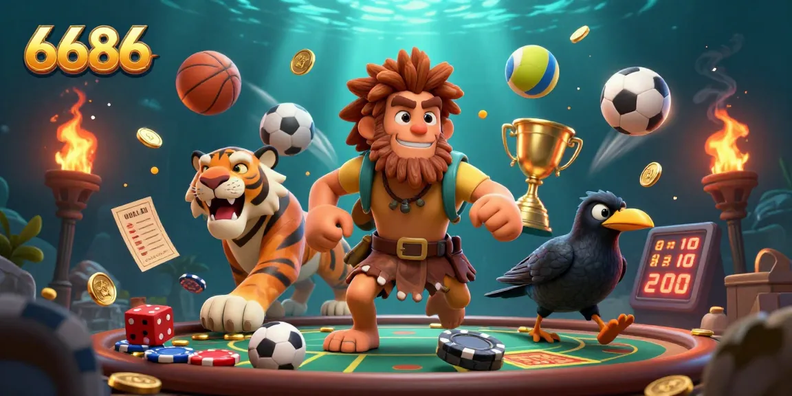 Caveman and sabertooth tiger at a vibrant prehistoric casino showcasing dynamic sports betting elements like 6686 coins.