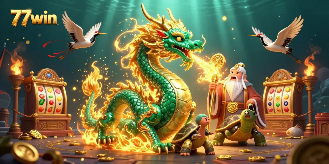 77win showcases an emerald jade dragon amidst vibrant casino elements, creating a rich gaming atmosphere.
