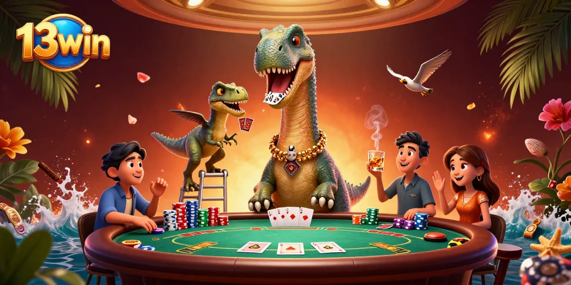 Engage with 13win's thrilling casino adventure featuring a massive brontosaurus overlooking a lively poker table.