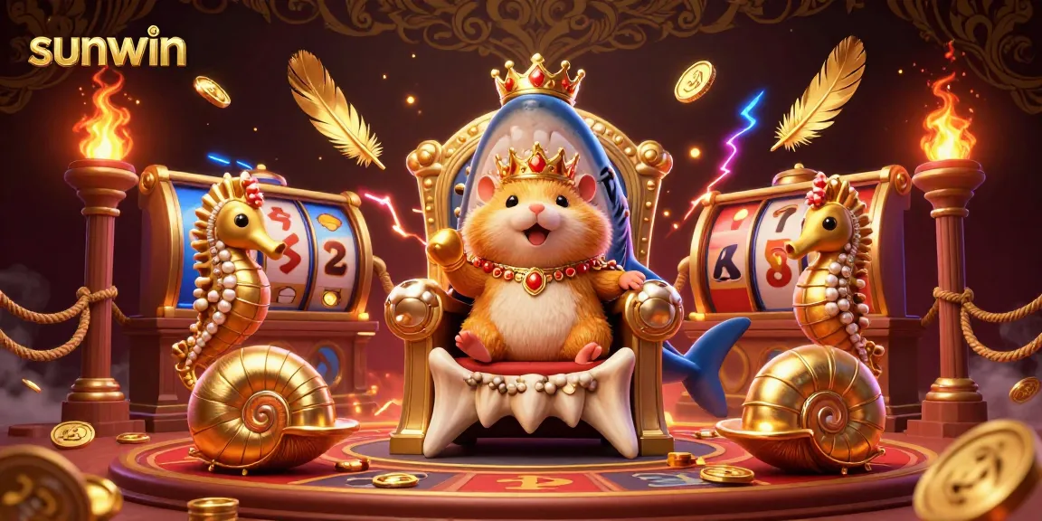 Engage in the sunwin casino adventure with a golden hamster king on a megalodon throne, surrounded by gaming excitement.