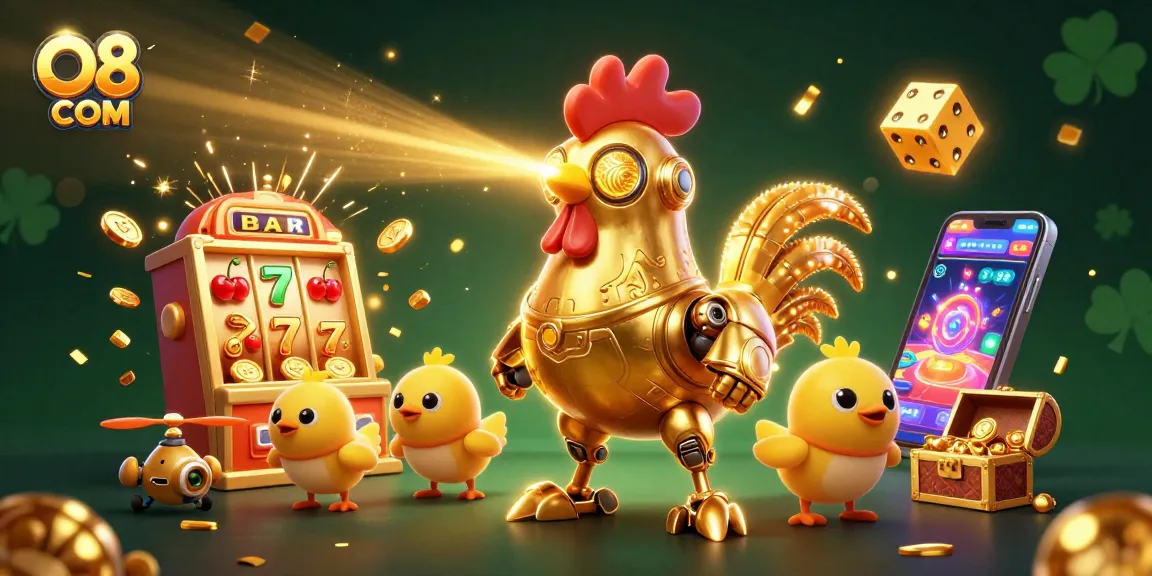 Engage in thrilling slot action at O8 COM with a golden rooster robot leading a vibrant casino scene.