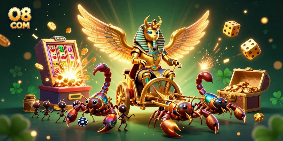 Experience thrilling games at O8 COM with a vivid illustration of a golden scarab beetle and action-packed casino elements.