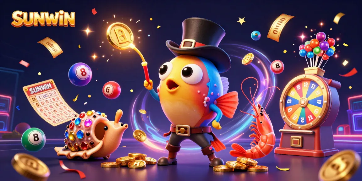 SUNWIN attracts players with an engaging 3D casino illustration showcasing vibrant lottery elements and enchanting sea creatures.