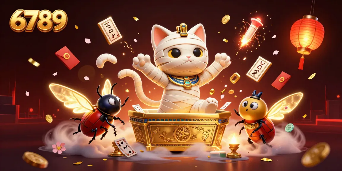 Engage with 6789 in a vibrant casino scene featuring a mummy cat and golden elements.