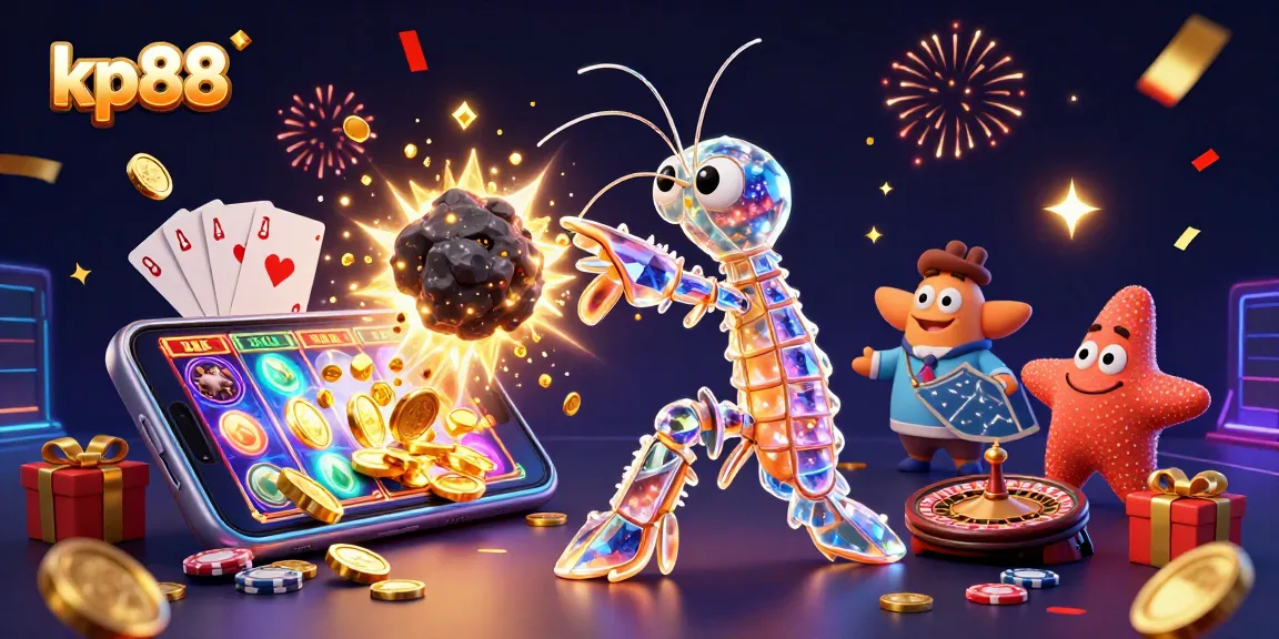 KP88 showcases an explosive scene with a mantis shrimp and starfish amid colorful casino games, embodying excitement.