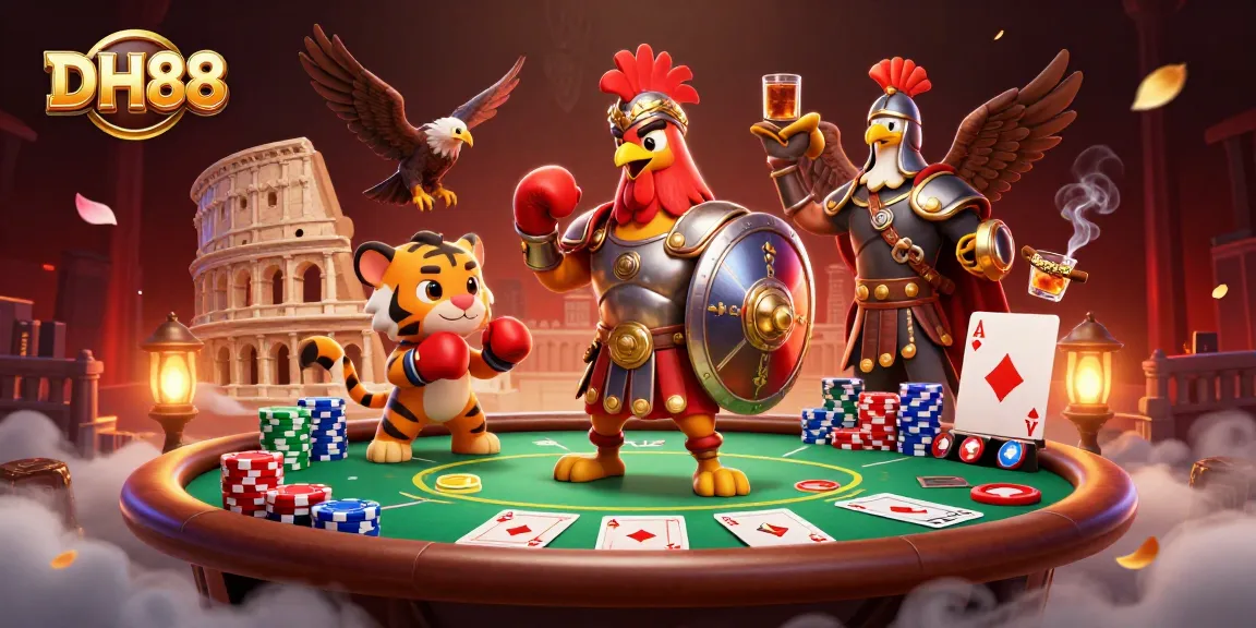 Engage with DH88's exciting gaming realm featuring a 3D rooster gladiator amidst poker elements.
