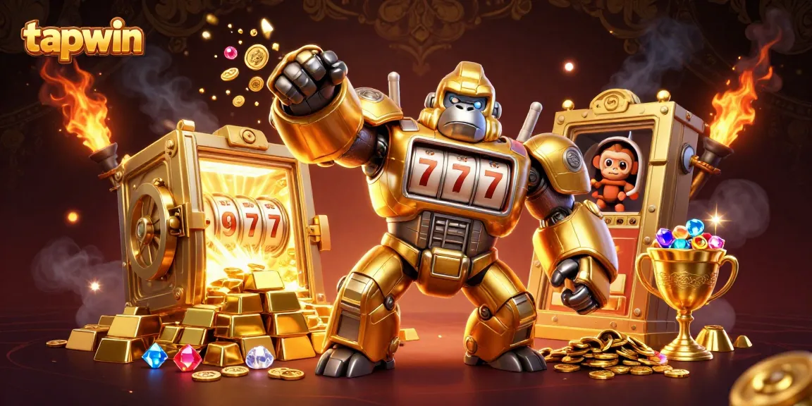 Experience thrilling gameplay at tapwin with a vibrant 3D gorilla mech celebrating big wins.