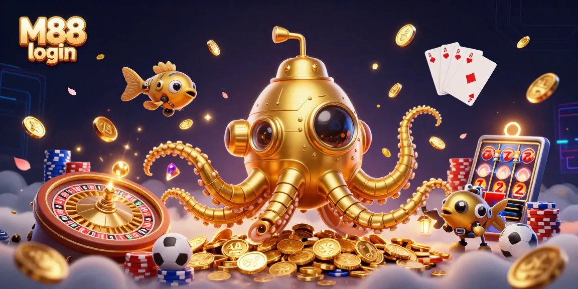 Engage in winning strategies with M88 login, featuring a dynamic illustration of a golden kraken submarine amidst vibrant casino elements.