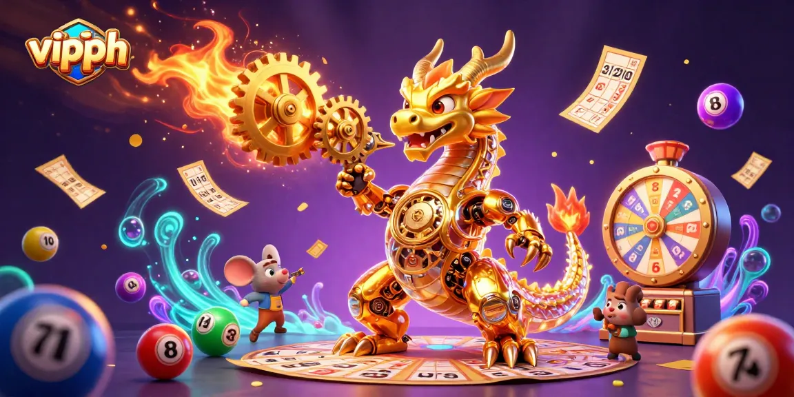 Experience thrilling gameplay at vipph with a dynamic scene featuring colorful lottery elements and a golden dragon.