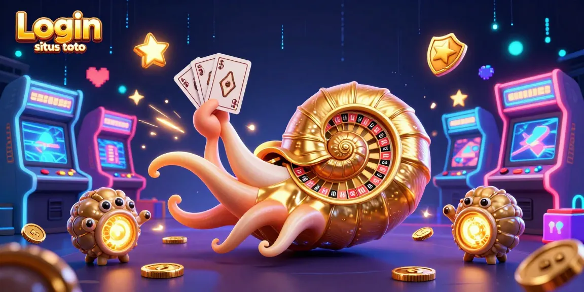 Login situs toto dengan nautilus raksasa dan mesin arcade warna-warni yang bersinar.