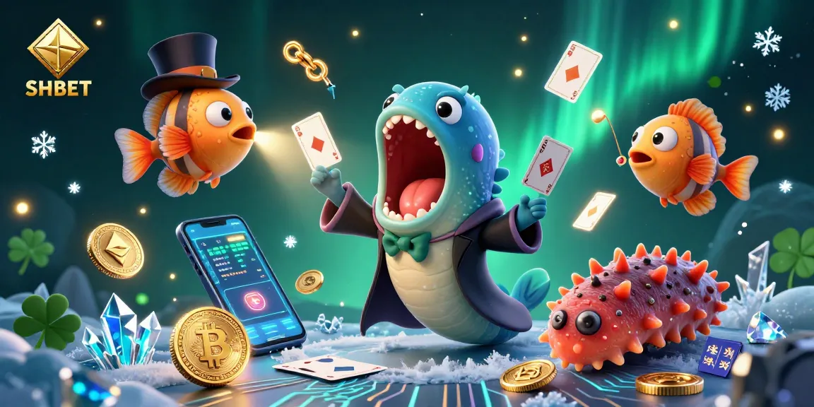 SHBET features a deep-sea gulper eel magician performing card tricks amidst vibrant crypto coins and casino elements.