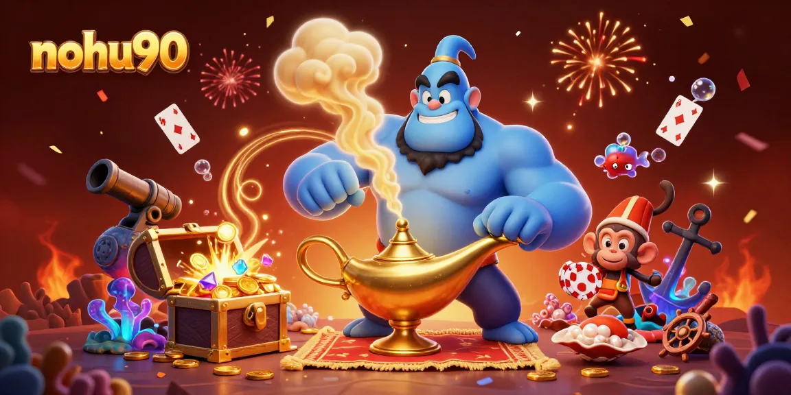 Experience thrilling gaming action with nohu90's vibrant casino adventure illustration featuring a dynamic genie and poker chips.