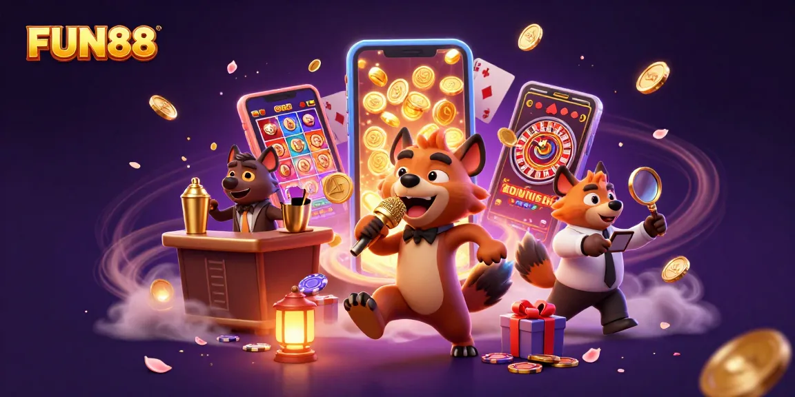 Experience FUN88's vibrant casino club with entertaining hyenas, slot games, and festive elements.