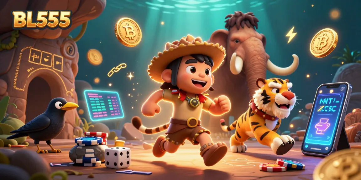 Experience the vibrant BL555 casino with a cartoon caveman and tiger duo amidst wild gaming action.