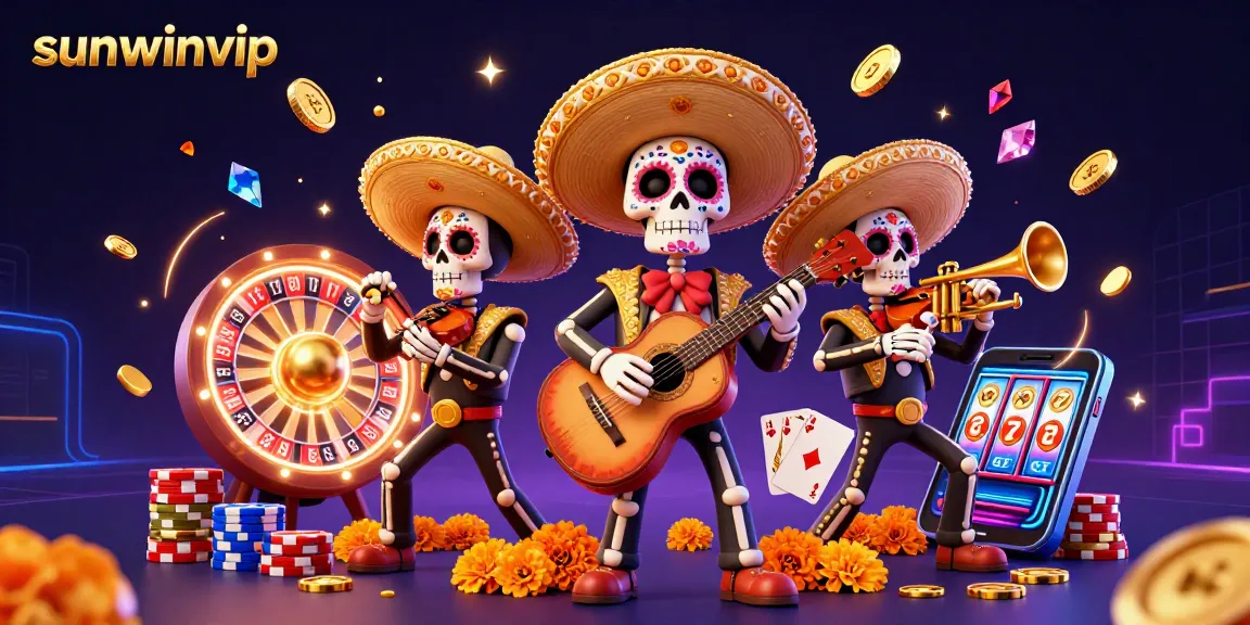 Catch the vibrant action of sunwinvip with a colorful mariachi band and casino elements.