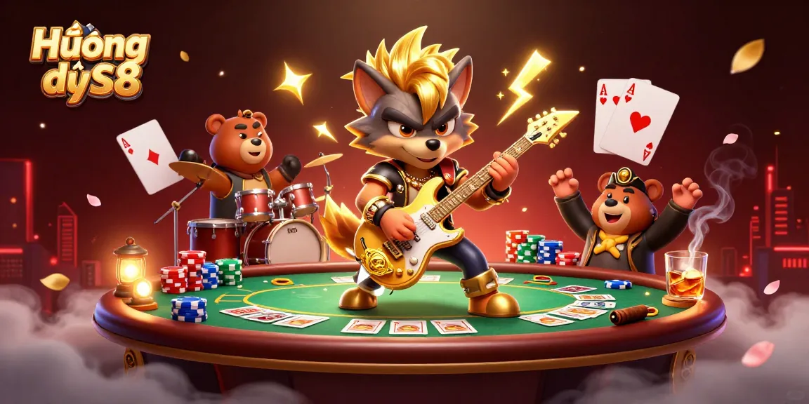Experience Hướng dẫn S8 with vibrant casino elements featuring poker and lively characters.