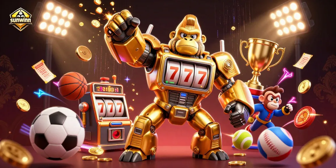 Experience thrilling wins with Sunwinn's animated golden gorilla mech and sports excitement in a dynamic scene.