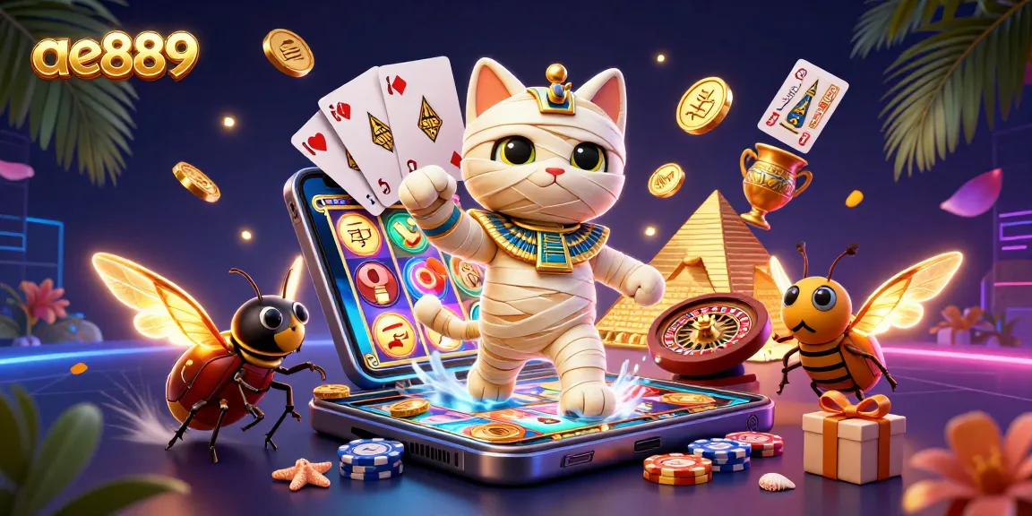 Experience the excitement of ae889 as the mummy cat bursts from the sarcophagus in a lively pyramid casino scene.