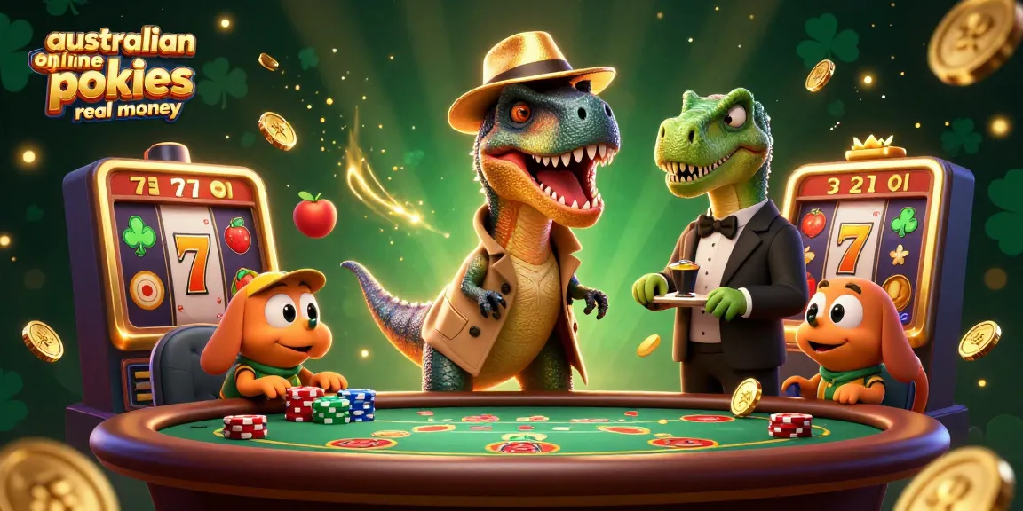 spin real money on australian online pokies while a sneaky velociraptor counts cards at a blackjack table